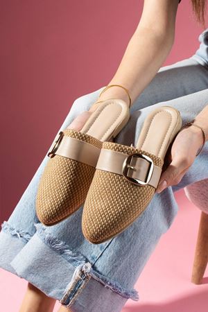 Pedry Damalı Vizon Gold Tokalı Hasır Dokulu Önü Kapalı Terlik