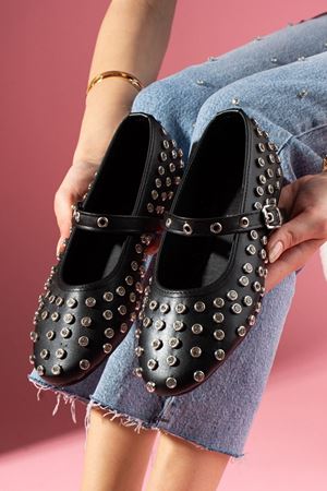 Stona Siyah Full Zımba Taşlı Kemerli Premium  Babet