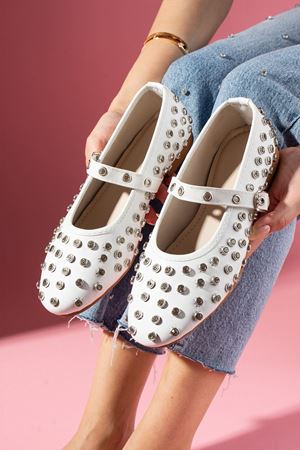 Stona Beyaz Full Zımba Taşlı Kemerli Premium  Babet