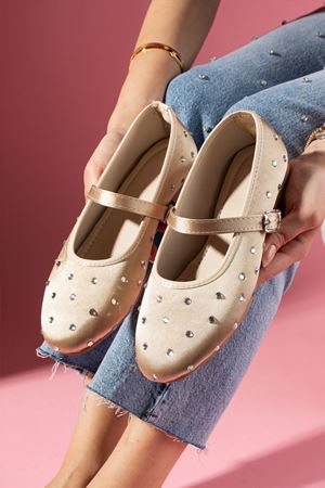 Blanky Altın Saten Taşlı Kemerli Premium Babet 