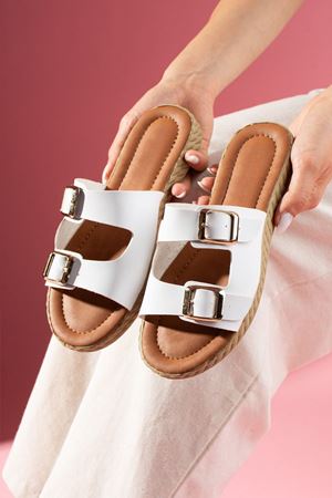 Dopin Beyaz Çift Tokalı Taba Soft Zeminli Terlik 