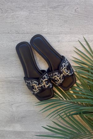 Sleepy Gri Leopar Zincir Tokalı Hasır Kemerli Terlik 