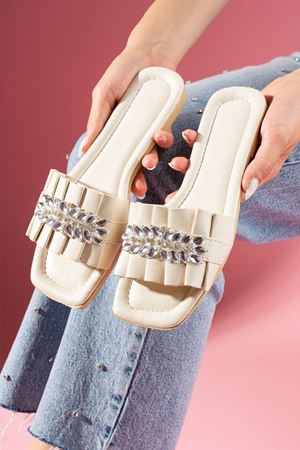 Thor Bej Katlamalı Yaprak Taş Detaylı Terlik