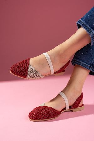 Finex Kırmızı Bej Çift RenkliÖnü Kapalı Triko Örgü Lastikli Sandalet 