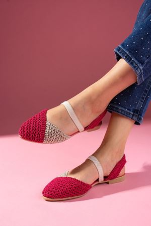 Finex Fuşya Bej Çift Renkli Önü Kapalı Triko Örgü Lastikli Sandalet 