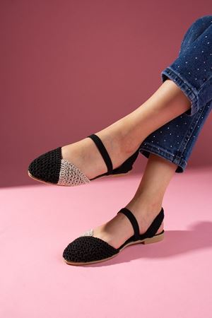 Finex Siyah Vizon Çift Renkli Önü Kapalı Triko Örgü Lastikli Sandalet 