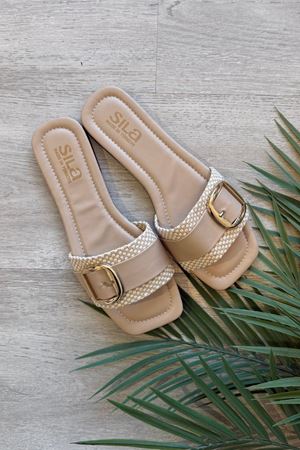 Orsato Damalı Vizon Hasır Kemerli Gold Toka Detaylı Terlik