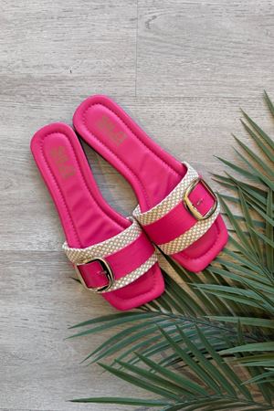 Orsato Damalı Fuşya Hasır Kemerli Gold Toka Detaylı Terlik