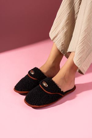 Evelis Siyah Havlu Dokulu Damla Aksesuarlı Ev Terliği