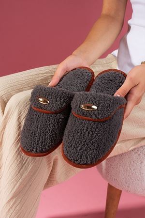 Evelis Antrasit Havlu Dokulu Damla Aksesuarlı Ev Terliği