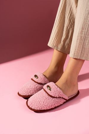 Evelis Pudra Havlu Dokulu Damla Aksesuarlı Ev Terliği