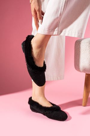 Haley Siyah Peluş Detaylı Kırçıl Kumaşlı Ev Babeti 