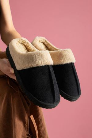 Mabes Siyah Süet Kürk Yakalı Yarı Kapalı Sessiz Taban Ev Terliği