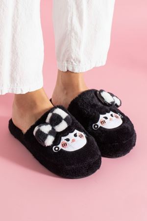 Papy Siyah Papyonlu Karakter Nakışlı Peluş Kadın Sessiz Tabanlı Ev Terliği