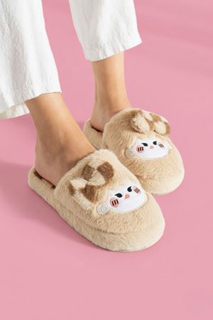 Papy Bej Papyonlu Karakter Nakışlı Peluş Kadın Sessiz Tabanlı Ev Terliği