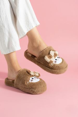 Papy Vizon Papyonlu Karakter Nakışlı Peluş Kadın Sessiz Tabanlı Ev Terliği 