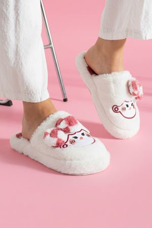 Papy Beyaz-Pembe Papyonlu Karakter Nakışlı Peluş Kadın Sessiz Tabanlı Ev Terliği 