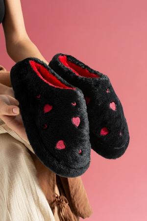 Hartin Siyah Kalp Nakış Desenli Peluş Kadın Sessiz Taban Ev Terliği