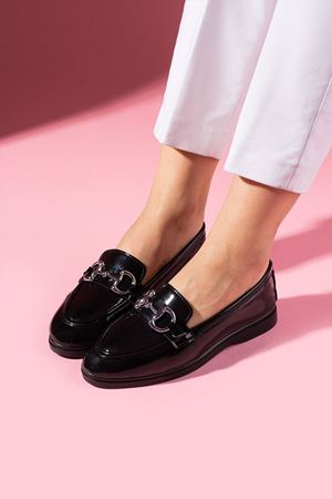 Lofita Siyah Rugan Tokalı Loafer Babet Günlük Ayakkabı 