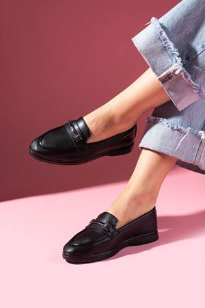 Markiz Siyah Cilt Tokalı Loafer Babet Günlük Ayakkabı