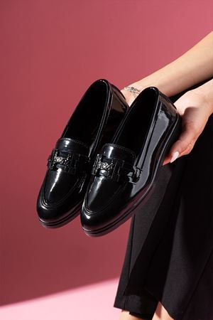 Herkon Siyah Rugan Tokalı Loafer Babet Günlük Ayakkabı