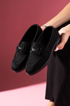 Herkon Siyah Süet Tokalı Loafer Babet Günlük Ayakkabı