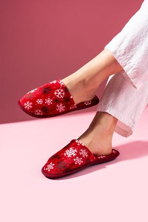 Alice  Kırmızı  Kar Tanesi Baskı Desenli Önü Kapalı Ev Terliği