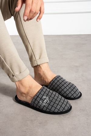 Astra  Erkek  Gri Kare Desenli Önü Kapalı  Ev Terliği   