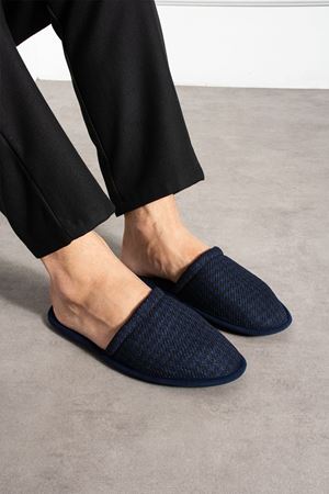 Florida Siyah Lacivert İnce Çizgi Desenli Erkek Ev Terliği