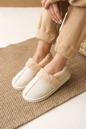 Moffy Bej Süet Kürk Yakalı Sessiz Taban Ev Ayakkabısı