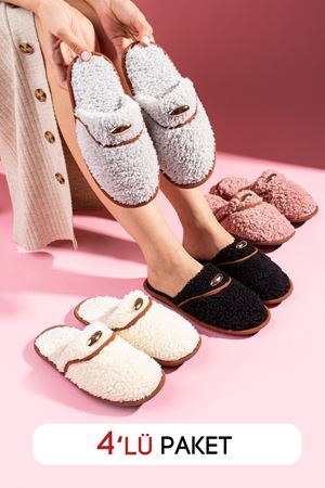Evelis 4 lü Paket Ev Terliği Çeyiz Terliği Kışlık Terlik Ses Yapmaz Hafif Taban Kapalı Kadın Ev Terliği