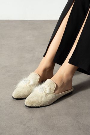 Cavina Bej Kısa Tüylü Elegant Nişan Çeyiz Bohça Misafir Ev Terliği