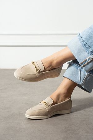 Markiz Bej Süet Tokalı Loafer Babet Günlük Ayakkabı