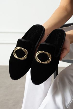 Dorya Siyah Gold Tokalı Kadife Dokulu Elegant Nişan Çeyiz Bohça Misafir Ev Terliği