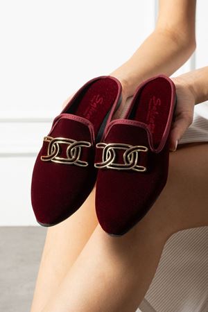 Alora Bordo Gold Tokalı Kadife Dokulu Elegant Nişan Çeyiz Bohça Misafir Ev Terliği