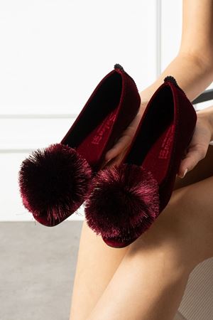 Siona Bordo Ponponlu Kadife Dokulu Elegant Nişan Çeyiz Bohça Misafir Ev Babeti