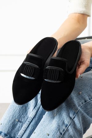 Minea Siyah Tokalı Kadife Dokulu Elegant Nişan Çeyiz Bohça Misafir Ev Terliği