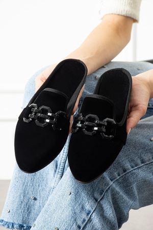 Santi Siyah Tokalı Kadife Dokulu Elegant Nişan Çeyiz Bohça Misafir Ev Terliği