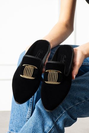 Minea Siyah Gold Tokalı Kadife Dokulu Elegant Nişan Çeyiz Bohça Misafir Ev Terliği