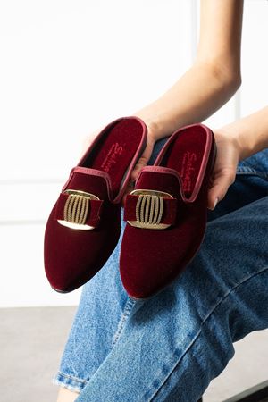 Minea Bordo Gold Tokalı Kadife Dokulu Elegant Nişan Çeyiz Bohça Misafir Ev Terliği