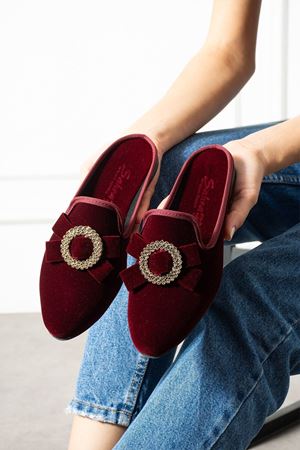 Dafi Bordo Gold Tokalı Kadife Dokulu Elegant Nişan Çeyiz Bohça Misafir Ev Terliği