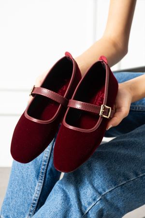 Bellina Bordo Bantlı Gold Tokalı Kadife Dokulu Elegant Hafif Ev Babeti