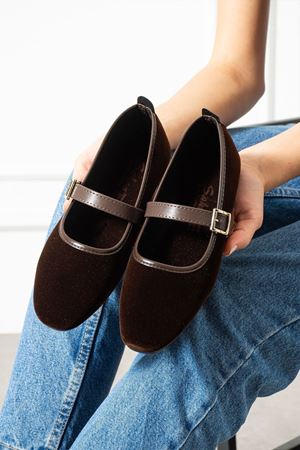 Bellina Kahverengi Bantlı Gold Tokalı Kadife Dokulu Elegant Hafif Ev Babeti