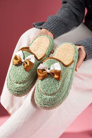 Curry Mint Yeşili Fiyonklu Saraç Detaylı Sessiz Taban Ev Terliği