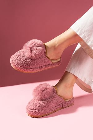 Poffina Pembe Ponponlu Saraç Detaylı Sessiz Taban Ev Terliği