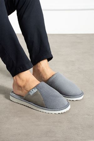 Velmor Gri Kadife Dokulu Fitilli Deri Detaylı Erkek Ev Terliği