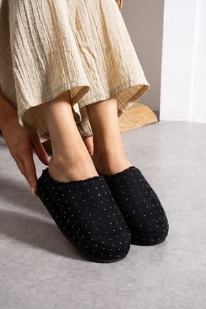 Loffy Siyah Mini Taşlı Yarı Kapalı Sessiz Kaymaz Thermo Taban Ev Terliği