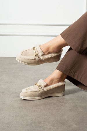 Lorven Bej Süet Tokalı Peluş Şerit Detaylı Loafer Babet Günlük Ayakkabı