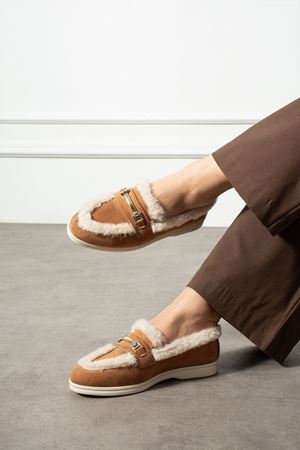 Lorven Taba Süet Tokalı Peluş Şerit Detaylı Loafer Babet Günlük Ayakkabı