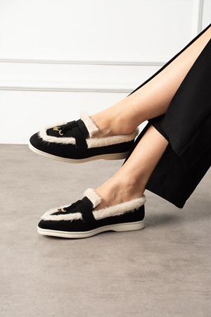 Ravon Siyah Bej Süet Mini Aksesuarlı Peluş Şerit Detaylı Loafer Babet Günlük Ayakkabı